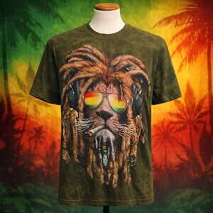 DJ Jahman Rasta Lion Smoking Headphones Sunglasses Green T-Shirt Medium